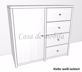 Kommode-4-schubladen-1-holztuer-htc-kiefer-massiv-contra Massive kiefernholz-kommode contra mit 4 schubladen und einer Hoztür HTC, weiß lackiert, Maße 92x84x46 cm.