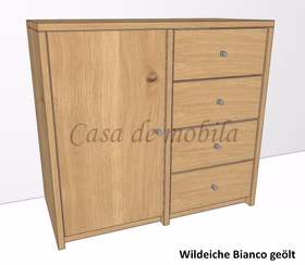 Kommode-4-schubladen-1-holztuer-htc-wildeiche-massiv-contra Massive eichenholz-kommode contra mit 4 schubladen und einer Hoztür HTC, weiß geölt, Maße 92x84x46 cm.