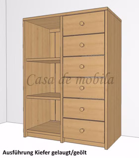 Hochkommode mit Regal 92x123x46cm CONTRA Massivholz Wäscheregal mit 6 schubladen CONTRA kiefer massiv gelaugt geölt von Casademobila Goslar