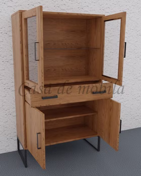 Schrank mit 2 Glastüren 90x132x40cm MIDO Eiche geölt Vitrine mit metallbeine, 2 glastüren, 1 schublade MIDO 90x40 cm Eiche massiv nußbaumfarben Tabak geölt Casa de mobila Goslar