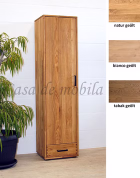 Schmaler Schrank 1türig 1 Schublade 46x180x40cm MIDO Eiche massiv geölt Schmaler links Wäscheschrank MIDO 46x182x40cm Eiche massiv natur, bianco, braun nußbaumfarben geölt von Casademobila Goslar