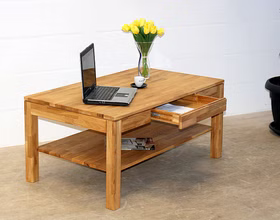 Couchtisch 115x54x70cm SALEM Asteiche massiv natur geölt Couchtisch aus massiver Wildeiche mit Ablageboden im modernen Design – stabiler Wohnzimmertisch aus geöltem Massivholz.