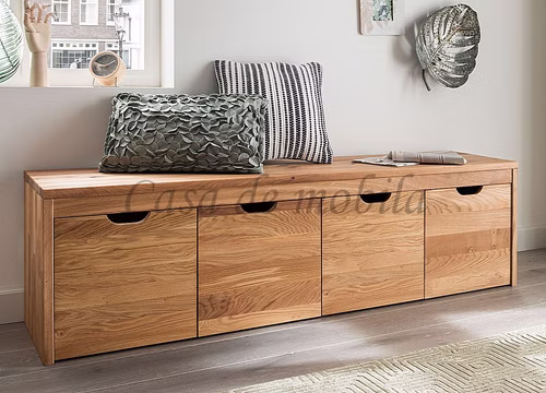 flurbank-eiche-massiv-geoelt-4-schubkaesten. Sitzbank im dänischen Design aus Eichenholz massiv geölt mit vier herausziehbaren Rollschubladen für viel Stauraum im Flur.