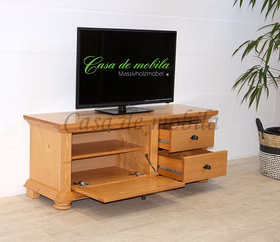Massivholz TV-Kommode mit klappe und schubladen MONA 115x45x38cm Fichte massiv honigfarben lackiert Casa de mobila Goslar