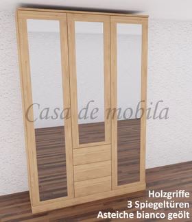 Massivholz Kleiderschrank mit 3 schubladen und 3 spiegel CASERA 153x235x61cm asteiche massiv weiß bianco geölt Wimmer Casa de Mobila Goslar
