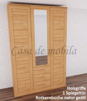 Massivholz Kleiderschrank mit 3 schubladen,2 holztür und spiegel in der mitte CASERA 153x235x61cm Kernbuche massiv natur geölt Wimmer Casa de Mobila Goslar