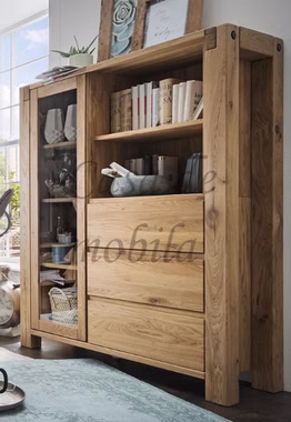 Massivholz Highboard mit Glastür Vitrine mit Schubladen WOODSTOCK Wildeiche massiv natur geölt Casa de Mobila Goslar