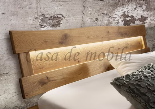 Massivholz Balkenbett WOODSTOCK Wildeiche mit Baumkante, Kufen Metall schwarz mit Holzinlay, Beleuchtung TPT Casa de Mobila