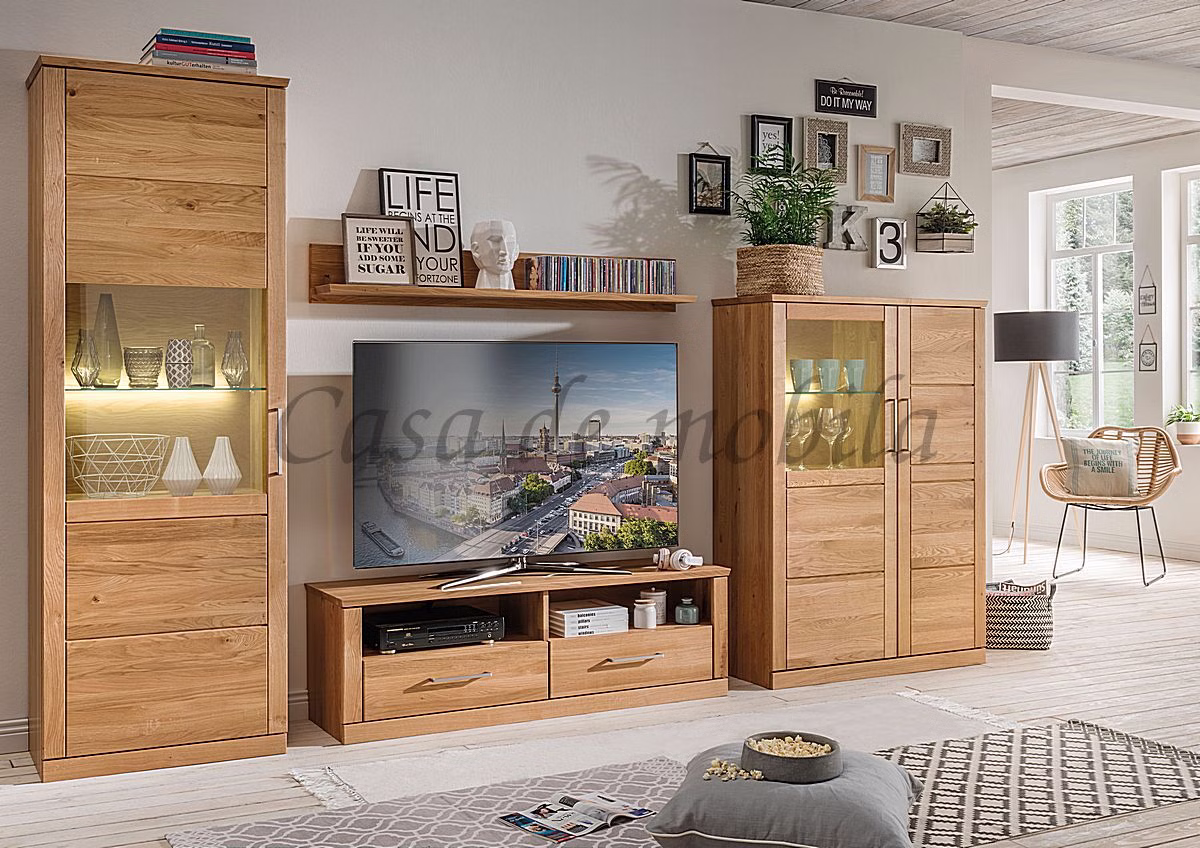 Wohnwand 4-teilig 311x204x40cm Vitrine, TV-Kommode, Wandboard, Highboard Eichenholz geölt Casa de mobila Goslar Wohnwand 4-teilig 311x204x40cm Vitrine, TV-Kommode, Wandboard, Highboard Naturholz geölt Casa de mobila Goslar