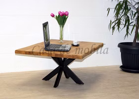 Massivholz Couchtisch PLATO 110x46x75cm Eichenholz geölt Baumkante, Metallbeine Doppel-X von Casa de mobila Goslar