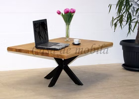Massivholz Couchtisch PLATO 110x46x75cm Wildeiche massiv geölt Baumkante Doppel-X-Gestell von Casa de mobila Goslar