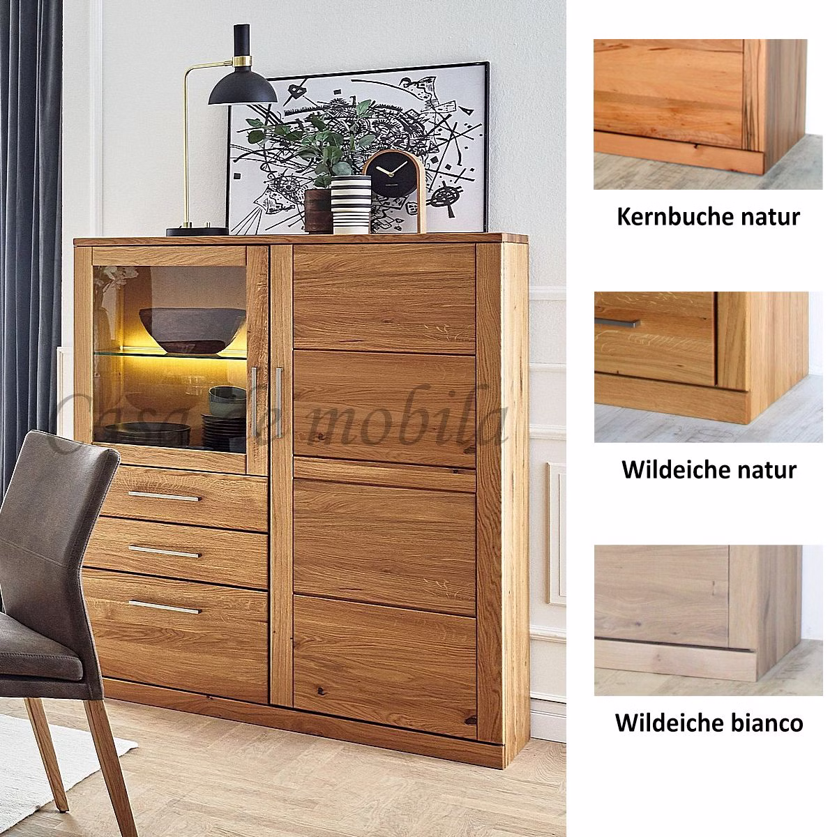 Highboard mit Schubladen links 114x143x40cm PALERMO Massivholz geölt von Casademobila Goslar