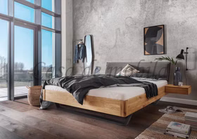 Vollholz Bett mit Metallkufen Überlänge 220cm DOINA 10 Eiche massiv natur geölt Stoffkopfteil Cord braun Casa de Mobila Goslar Vollholz Bett mit Metallkufen Überlänge 220cm DOINA 10 Eiche massiv natur geölt Stoffkopfteil Cord braun Casa de Mobila Goslar