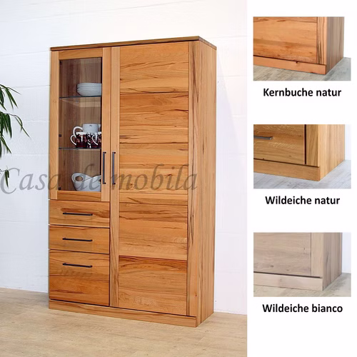 Vitrine Schubladen links 101x173x40cm PALERMO Massivholz geölt Vitrine mit Schubladen links 101x173x40cm PALERMO Buche oder Eiche massiv geölt Casa de mobila Goslar