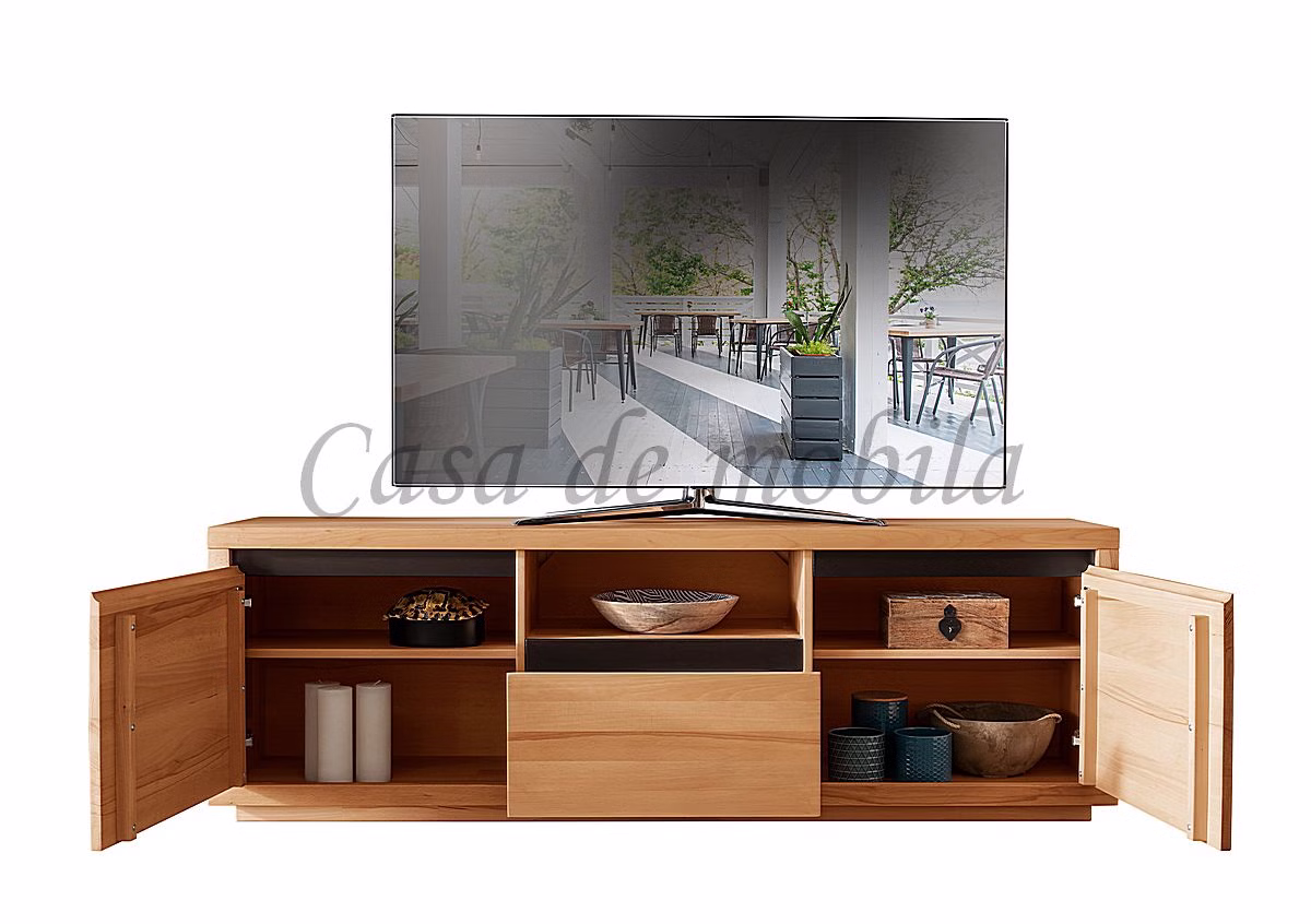 TV-Kommode mit offenen Seitentüren Holz-TV-Kommode mit geöffneten Türen