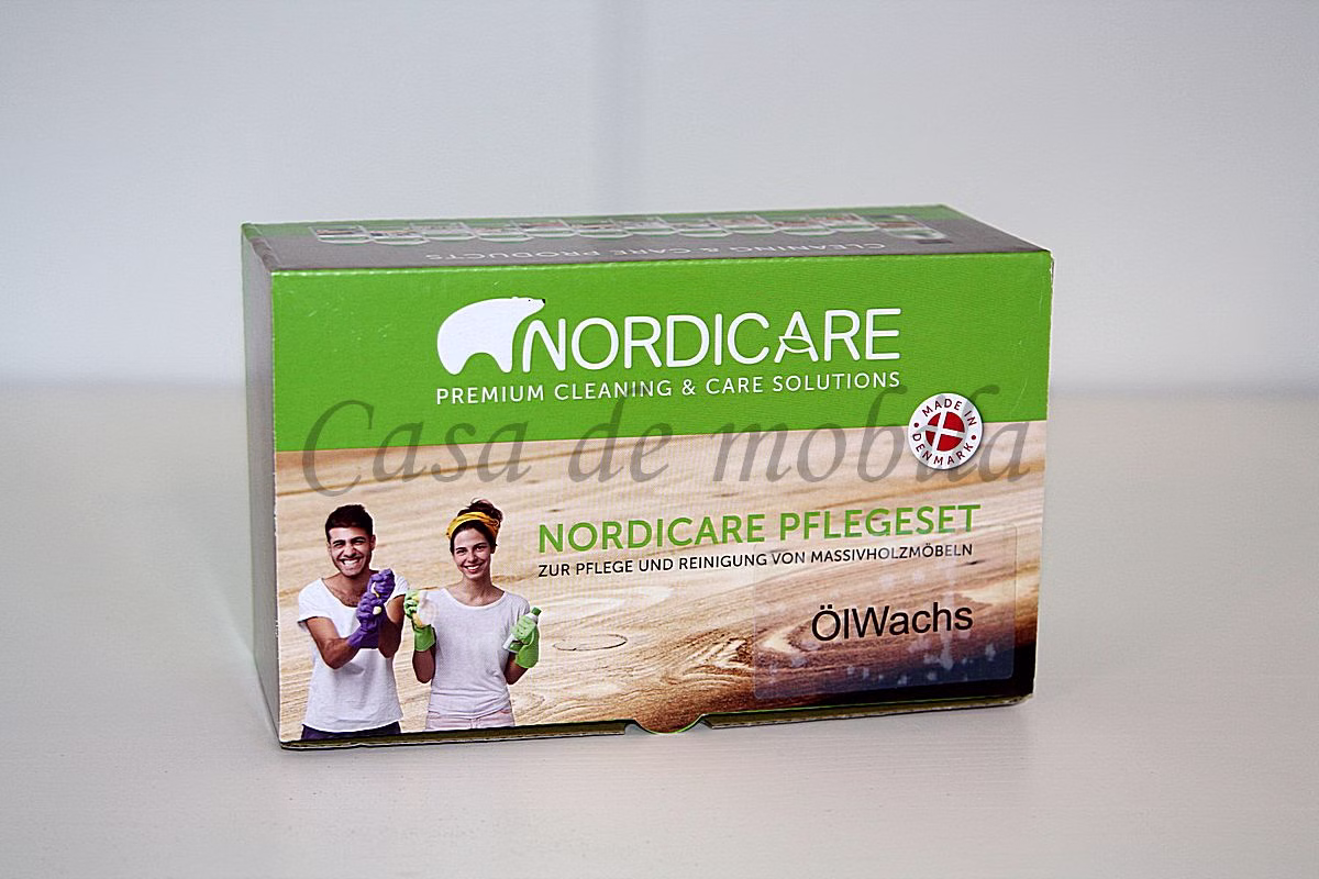 Grüne NORDICARE-Verpackung des Pflege- und Reparatursets mit Öl-Wachs.