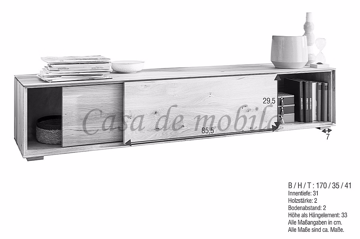 schrank hängend modern mit Schiebetüren MADERA 170x33x41cm Wildeiche massiv natur geölt Casademobila Goslar