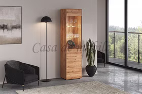 Schmale schrank mit 1 glastür 51x200x40cm Wildeiche rustikal massiv geölt abgerundete Kanten Casademobila Goslar