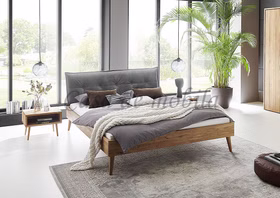 Ehebett Wildeiche natur geölt Modern Sleep Kopfteil mit grauem Leder bezogen Doppelbett MODERN SLEEP 180x200 Wildeiche massiv natur geölt mit Kopfteil Leder grau