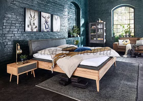 Ehebett MODERN SLEEP 180x200 Wildeiche massiv bianco geölt mit Kopfteil mit Lederbezug grau anthrazit Doppelbett MODERN SLEEP 180x200 Wildeiche massiv bianco geölt mit Kopfteil mit Leder grau anthrazit