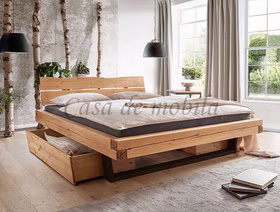 Schubladenbett 160 oder 200x200 cm Kiefer massiv eichefarben geölt Holzkopfteil Kufen schwarz