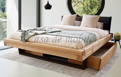 Schubladenbett 160 oder 200x200 cm Kiefer massiv eichefarben geölt Polsterkopfteil Kufen schwarz