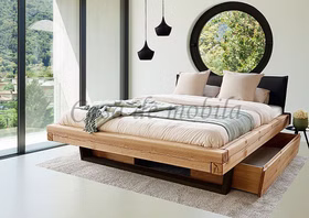 Doppelbett mit Schubladen 200x200 cm Kiefernholz massiv eichefarben geölt Kopfteil gepolstert Kufen schwarz