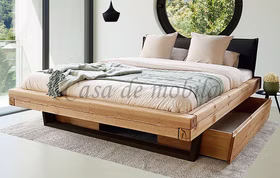 Schubladenbett 160 oder 200x200 cm Kiefer massiv eichefarben geölt Polsterkopfteil Kufen schwarz