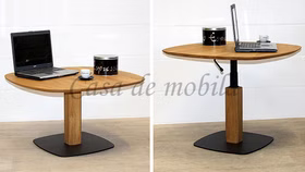 Massivholz couchtisch 85x85cm rund Eiche massiv natur geölt höhenverstellbar mit schwarzer bodenplatte casademobila goslar