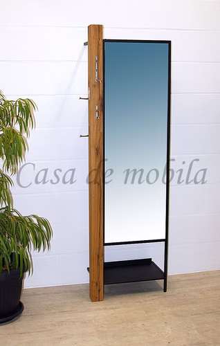 Garderobe mit Spiegel BLACKPOOL 60x201x37cm Balkenholz eiche massiv natur geölt Metall schwarz