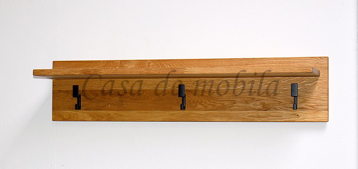 MIDO Garderobe mit Hutablage Langes Holz-Garderobenpaneel mit Hutablage und drei schwarzen Doppelhaken.