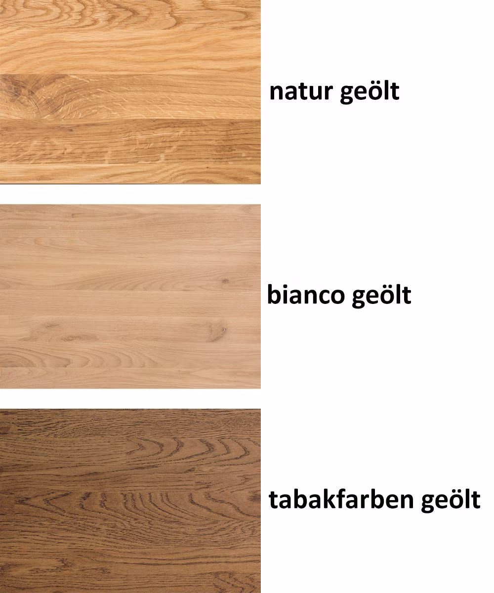 Drei geölte Holzfarben Drei beschriftete Holzfarbmuster in Natur