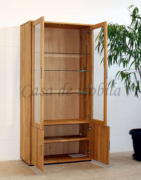 Vitrine 2 Holztüren 2 Glastüren 90x180x40cm MIDO Eiche geölt Vitrinenschrank mit Gleitern Mido 90x180x40cm Eiche massiv natur geölt Casa de mobila Goslar