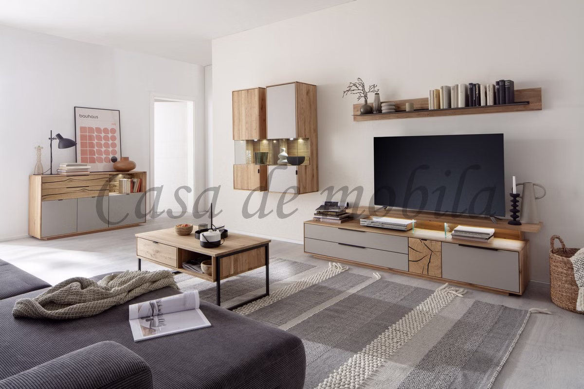 Wohnwand Föhr Alois Garthaus Wildeiche Taupe lackiert TV-Element Hängevitrine Kommode Couchtisch Wandregal Wohnwand Föhr Alois Garthaus Wildeiche Taupe lackiert TV-Element Hängevitrine Kommode Couchtisch Wandregal
