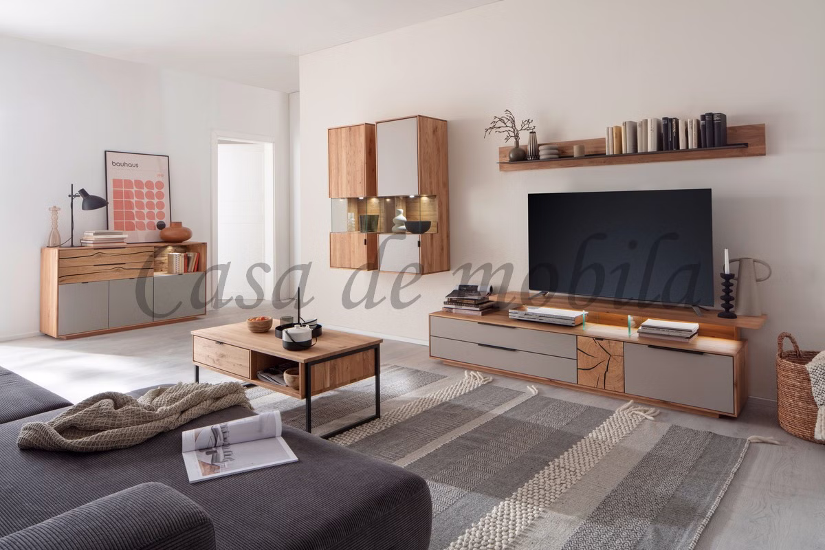 Wohnwand FÖHR 7teilig 492x135x45cm Wildeiche massiv natur geölt Lack taupe teilmassiv Alois Garthaus casademobila Goslar Wohnwand FÖHR 7teilig 492x135x45cm Wildeiche massiv natur geölt Lack taupe teilmassiv Alois Garthaus casademobila Goslar