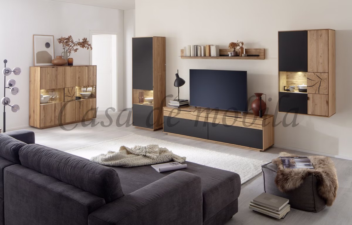 Wohnwand FÖHR 5teilig 522x200x45cm Wildeiche massiv Roheffekt geölt Lack carbon teilmassiv Wohnwand FÖHR 5teilig 522x200x45cm Wildeiche massiv Roheffekt geölt Lack carbon teilmassiv