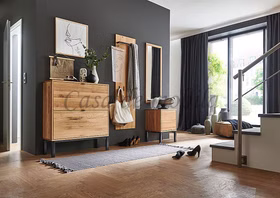 Schuhkommode mit 2 Klappen WALKIN 90x104x33cm Wildeiche massiv natur geölt Metallbeine M8 23cm hoch Casa de mobila Goslar