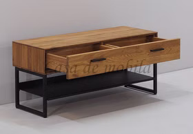 Dielenbank 98x44x36cm BLACKPOOL Eiche massiv geölt Metall Sitzbank mit Ablage BLACKPOOL mit geöffneter Schublade Eiche massiv natur geölt Metall schwarz