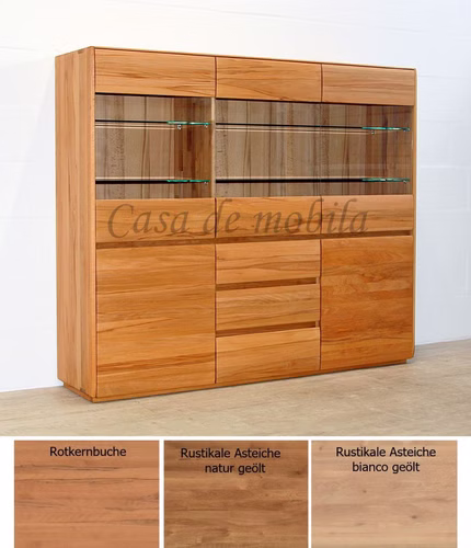 Highboard mit 3 Glastüren NYON 178x151x42cm Rotkernbuche oder Asteiche massiv natur oder bianco geölt Casademobila goslar