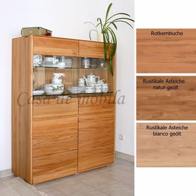 Highboard mit glastüren NYON 120x151x42cm Rotkernbuche oder Asteiche massiv natur oder bianco geölt Casa de mobila Goslar