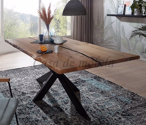 esstisch-epoxidharz-schwarz-doppel-x-gestell-wildeiche Eszimmertisch mit Baumkante 200x75x100cm Wildeiche massiv natur geölt Epoxidharz schwarz Doppel-X-Metallbeine schwarz von Casademobila in Goslar