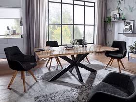 Eszimmertisch mit Baumkante 200x75x100cm Wildeiche massiv natur geölt Epoxidharz schwarz Doppel-X-Metallbeine schwarz von Casademobila in Goslar