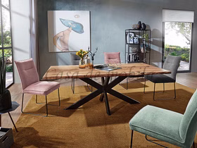 Konferenztisch mit Baumkante 200x75x100cm Wildeiche massiv natur geölt Epoxidharz schwarz Doppel-X Metallbeine schwarz von Casademobila in Goslar