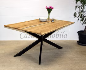 Esstisch mit Epoxidharz transparent Wildeiche massiv geölt mit Baumkante Sternfuß Metall schwarz Casa de mobila Goslar