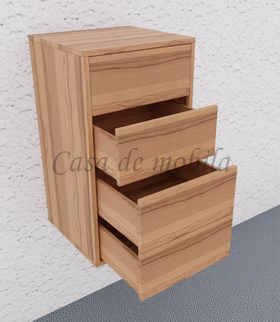 WALK IN hohe Schubladen geöffnet Schmale hängende Holzkommode mit drei ausgezogenen Schubladen.