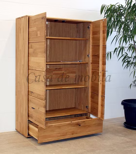 Wäscheschrank 100x145x40cm OKER Wildeiche massiv natur geölt Wäscheschrank mit geöffneten Türen und Schublade 100x145x40cm OKER Wildeiche massiv natur geölt Casa de mobila Goslar