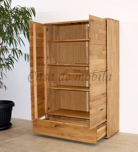 Wäscheschrank 100x145x40cm OKER Wildeiche massiv natur geölt Holzschrank mit geöffneten Türen und Schublade 100x145x40cm OKER Wildeiche massiv natur geölt Casa de mobila Goslar