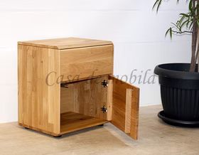 Massivholz Nachtkommode mit geöffneter Tür 51x58x40cm OKER Wildeiche massiv natur geölt Casa de mobila Goslar