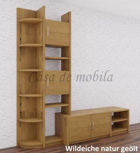 TV-Schrank Regal links 200x217/46x46/33 cm CONTRA Bügelgriffe TV-Lowboard mit Bügelgriffe, Regalaufsatz links CONTRA 200x217/46x46/33 cm Wildeiche massiv natur geölt