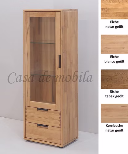 Vitrine halbhoch mit 2 Schubladen 46x132x32cm MIDO Kernbuche Eiche massiv natur bianco tabakfarben geölt Casa de mobila Goslar